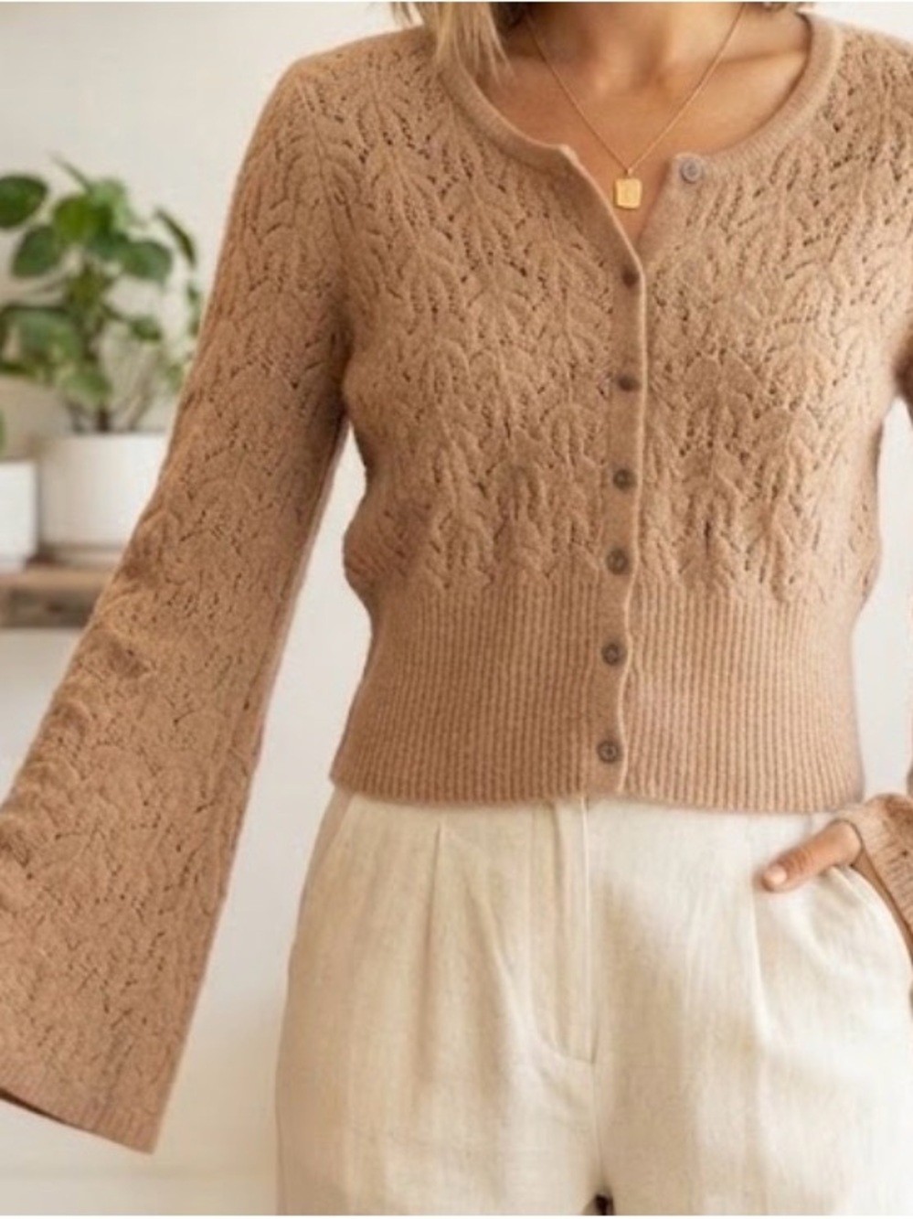 Nectar- Brown Open-Knit Button-Up Cardigan Sweater with Bell Sleeves Small